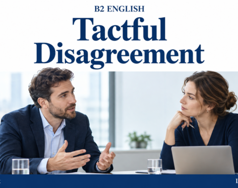 B2 English lesson cover titled Tactful Disagreement, showing two adults discussing a proposal.